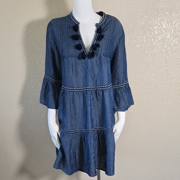 Tommy Bahama Black and Blue Tiered Sundress with Bell Sleeves - Picture 2 of 6